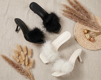 Mules elegantes con tacón de plumas, zapatos blancos de tocador para novias, pantuflas de glamour vintage de Hollywood, sandalias de tacón bajo y esponjosas, regalo para la futura novia