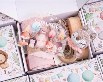 Geschenkdoos babyshower – Handgemaakte gehaakte rammelaar, babynachtlampje aandenken voor nieuwe moeder en pasgeborene