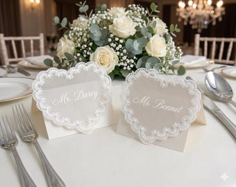 Tarjetas de mesa de boda con encaje en forma de corazón, etiquetas de nombres vintage personalizadas, decoración de mesa personalizada, nombres románticos para los invitados.