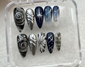 3D Gothic Press On Nails | Hand-Drawn Black Blue Silver Chrome | Y2K Celestial Rose Swirl Art | Luxury Almond Nails Gift