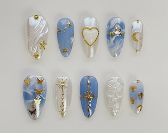 Baby Blue Pearl Press On Nails | 3D Gold Shell Starfish Moon Heart Art | Handmade Ocean Mermaid Short Almond Fake Nails | Summer Gift