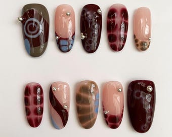 Burgundy Red Croc Print Press On Nails | Abstract 3D Texture | Silver Studs Y2K Grunge | Handmade Dark Almond Nails