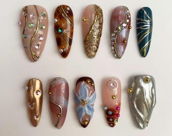 3D Blue Flower Press On Nails | Bronze Silver Chrome Abstract | Y2K Fairycore Grunge | Earthy Metallic Handmade Almond Fake Nails