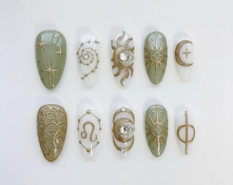 Aura Green Cat Eye Celestial Press On Nails | 3D Gold Chrome Sun Moon Leo Art | Handmade Short Almond Zodiac Nails Gift