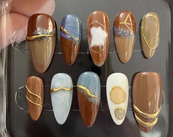 Abstract Brown Blue Marble Press On Nails | 3D Gold Chrome Line Art | Handmade Almond Earthy Fake Nails | Fall Winter Nails