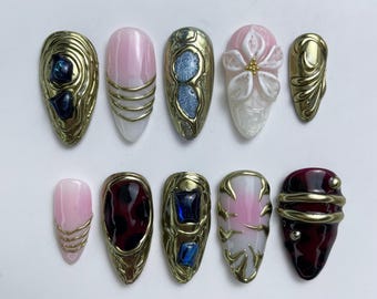 Luxury Baroque Gold Press On Nails | 3D Flower Blue Gem Art | Handmade Pink Antique Tortoise Fake Nails | Vintage Wedding Gift