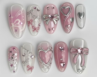 Pink White Silver Bow Press On Nails | 3D Chrome Heart Ribbon | Coquette Balletcore Y2K | Handmade Kawaii Princess Almond Fake Nails