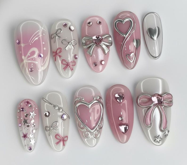 Pink White Silver Bow Press on Nails | 3D Chrome Heart Ribbon ...
