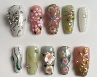 Pink Sakura Butterfly Press On Nails | 3D Cherry Blossom Floral | Handmade Coffin Spring Nails | Fairycore Garden Cottagecore Art