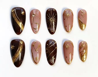Brown Glitter Cat Eye Celestial Press On Nails | 3D Gold Chrome Star Moon Constellation | Fall Free Style Almond Custom Fake Nails