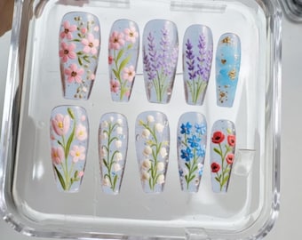 Transparent Jelly Floral Garden Press On Nails | Hand Painted Wildflower Coffin | Free Style Spring | Japanese Custom Fake Nails