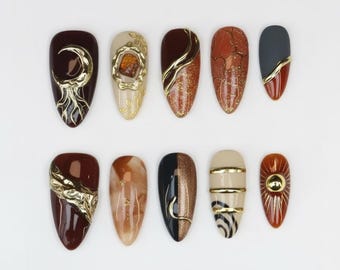 Brown Burgundy Celestial Press On Nails | 3D Gold Sun Moon Star Chrome Art | Handmade Abstract Marble Almond Fake Nails | Holiday nails