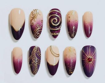 Luxury Purple Gold Press On Nails | 3D Gel Baroque Swirl Art & Ombre | Handmade Long Almond Holiday Prom Fake Nails ,Birthday Nails