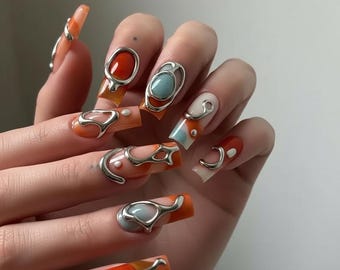 Abstract Rust Orange Teal Press On Nails | 3D Silver Chrome Swirl Art | Handmade Long Square Y2K Industrial Fake Nails | Unique Nails