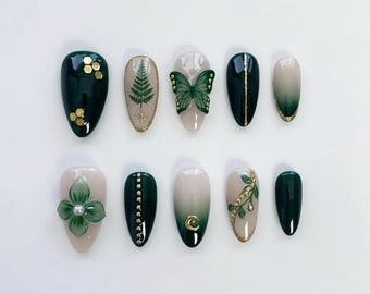 Dark Green Butterfly Press On Nails | 3D Flower Fern Gold Art & Moon | Handmade Long Almond Fairycore Nails, Holiday Gift, Gold Chrome Nails