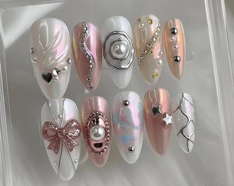 Pink White Chrome Bow Press On Nails | 3D Big Pearl Silver Star | Japanese Gyaru Coquette Y2K | Handmade Aurora Almond Fake Nails