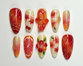Summer Tropical Press On Nails | 3D Grapefruit Floral Ombre Water Art | Handmade Long Almond Orange Red Nails Gift | Dreamy Nails