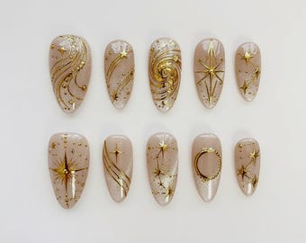 Champagne Cat Eye Press On Nails | Gold Celestial Star Moon Swirl Art | Handmade Short Almond Fairycore Wedding Gift