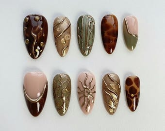 Amber Brown Green Press On Nails | 3D Gold Swirl Sun Tortoise Art | Handmade Short Almond Fall Boho Fake Nails | Holiday Nails