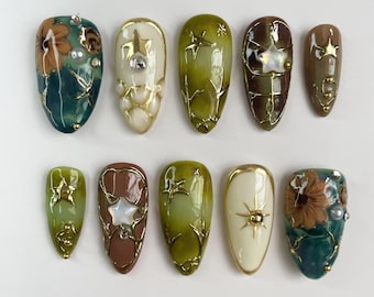 Green Teal Floral Press On Nails | 3D Gold Chrome Star | Celestial Fairycore Garden | Handmade Earthy Almond Fake Nails