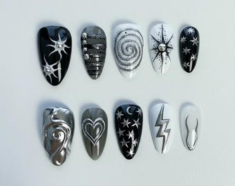 Gothic Black Silver Press On Nails | 3D Chrome Heart Star Lightning Art | Handmade Y2K Short Almond Nails | Holiday nails Gift