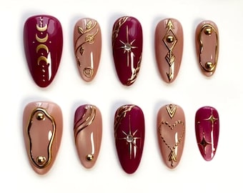 Burgundy Celestial Press On Nails | 3D Gold Chrome Moon Star Heart | Gothic Free Style Fall | Handmade Short Almond Fake Nails
