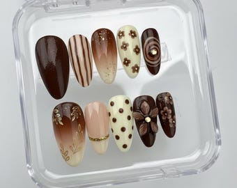 Luxury Brown Coffee Press On Nails | 3D Flower Gold Leaf Swirl & Polka Dot Art | Handmade Almond Nails | Cozy Fall Holiday nails