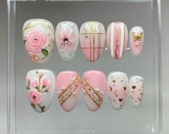 Pink White Rose Coquette Press On Nails | 3D Gold Butterfly Star | Romantic Floral Spring Art | Handmade Short Almond Fake Nails