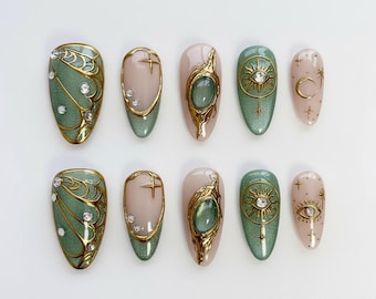 Mystical Green Cat Eye Press On Nails | 3D Gold Chrome Butterfly Sun Moon Art | Short Almond Handmade Fairycore Fake Nails Gift