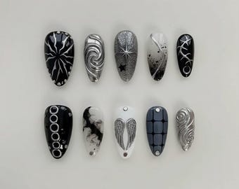 Gothic Black Silver Press On Nails | 3D Chrome Angel Wings Swirl Art | Handmade Y2K Grunge Long Almond Fake Nails Gift