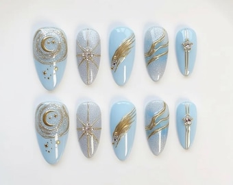 Baby Blue Cat Eye Press On Nails | 3D Gold Moon Star Chrome Art | Handmade Fairycore Glitter Almond Fake Nails | Birthday Gift Nails
