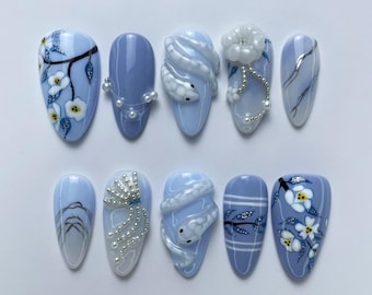 Blue Snake and Blossom Press On Nails | Handmade 3D Nail Art | Luxury Blue Floral and Snake Nail Set | Cherry Blossom Pearl Nails