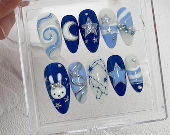 Blue Celestial Press On Nails | Kawaii Bunny Moon Star Constellation | 3D Silver Chrome Swirl | Dreamy Y2K Custom Almond Fake Nails
