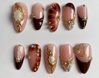 Amber Brown French Press On Nails | Vintage Baroque Pearl Gem | 3D Gold Chrome Handmade Fake Nails | Luxury Coquette Nails