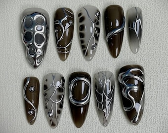 Gothic Black Silver Chrome Press On Nails | 3D Liquid Metal Cyber Punk Art | Handmade Y2K Long Almond Fake Nails Gift