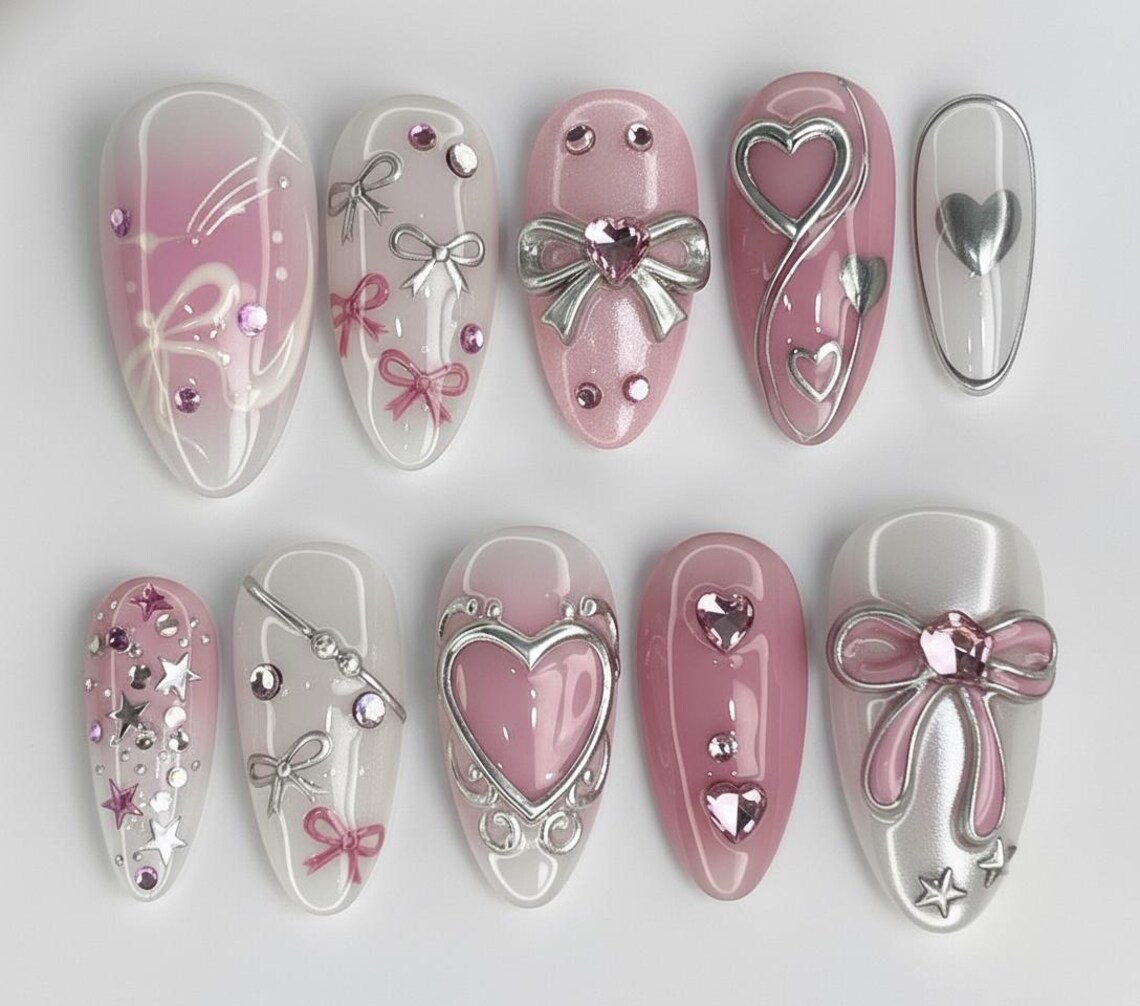 Pink White Silver Bow Press on Nails | 3D Chrome Heart Ribbon ...