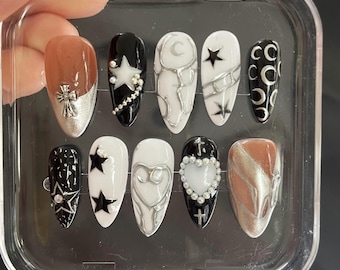 Gothic Black Brown Press On Nails | 3D Silver Chrome Star Heart Cross Art | Handmade Y2K Short Almond Punk Fake Nails Gift