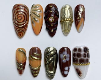 Luxury Brown Orange Press On Nails | 3D Gold Chrome Swirl Texture | Handmade Autumn Almond Fake Nails | Fall Holiday Nails