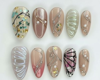 3D Mermaid Shell Press On Nails | Pink Butterfly Wing Silver Chrome Pearl | Fairycore Cat Eye | Handmade Almond Custom Fake Nails