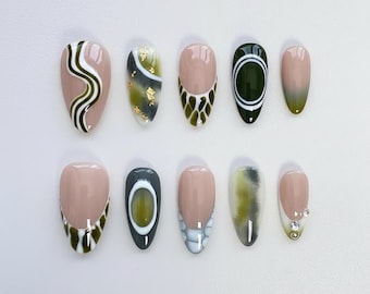 Luxury Summer Green Press On Nails | Free Style Swirl & Spray Art | Handmade Long Almond Green French Nails | Spring nails / Holiday nails