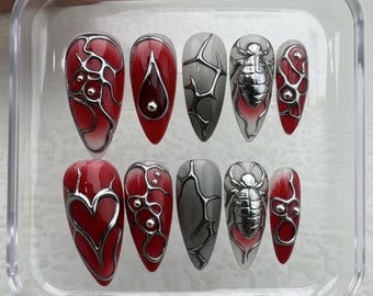 Red Silver Chrome 3D Beetle Press On Nails | Tribal Cyber Sigilism | Gothic Grunge Y2K | Handmade Stiletto Edgy Fake Nails