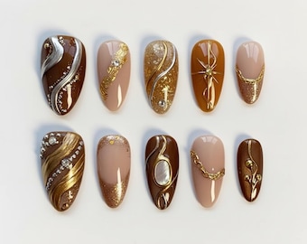 Amber Brown Glitter Press On Nails | 3D Gold Silver Chrome | Celestial Star Gem | Handmade Earthy Almond Fake Nails