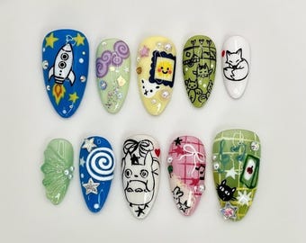 Whimsical Cartoon Press On Nails | 3D Totoro Jiji Rocket Art | Handmade Kawaii Anime Character Nails | Long Almond Fantasy Gift