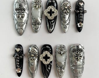 Gothic Silver Chrome Press On Nails | 3D Cross Heart Charm Art | Handmade Black Punk Grunge Almond Fake Nails | Edgy Holiday Nails