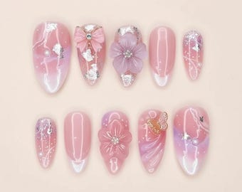 Dreamy Pink Purple Aura Press On Nails | 3D Flower Bow Butterfly Art | Handmade Long Almond Fairycore Nails | Holiday Birthday Gift