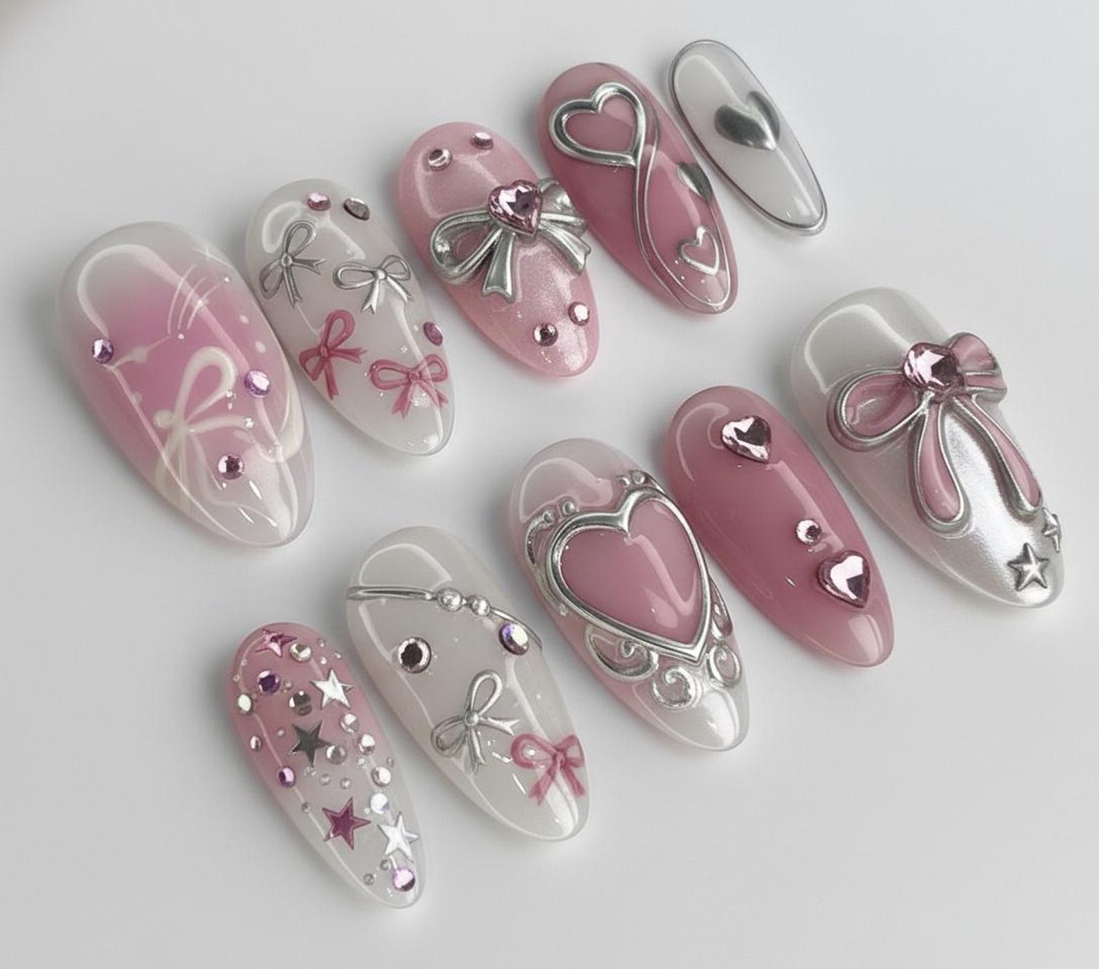 Pink White Silver Bow Press on Nails | 3D Chrome Heart Ribbon ...