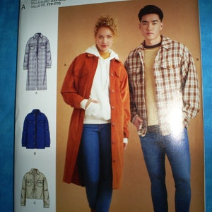 May include: A sewing pattern featuring three different styles of shirts. The first shirt is a long, plaid shirt with a button-down collar. The second shirt is a shorter, blue shirt with a button-down collar. The third shirt is a beige shirt with a button-down collar.