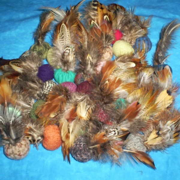 12 Recycled, felted wool and  feathers, cat toys with organic catnip.