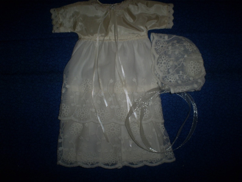 upcycled eco remade Preemie Christening Gown and bonnet. Recycled