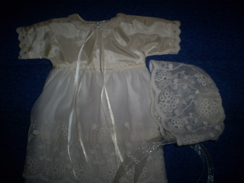 upcycled eco remade Preemie Christening Gown and bonnet. Recycled